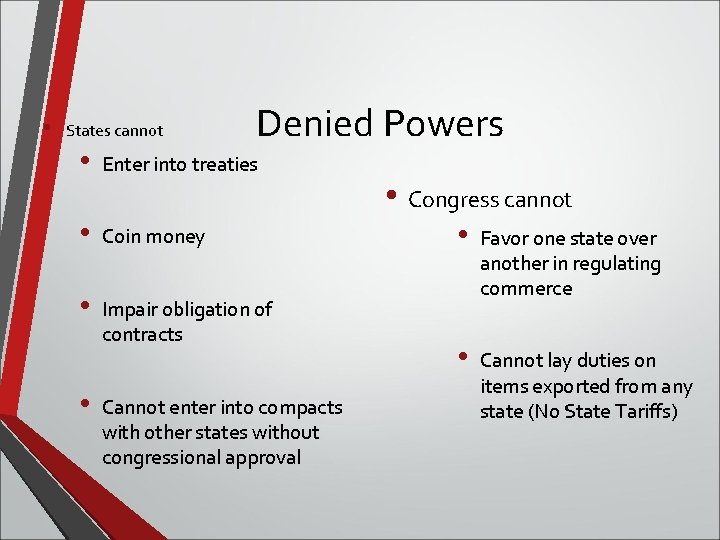  • States cannot Denied Powers • Enter into treaties • Coin money •