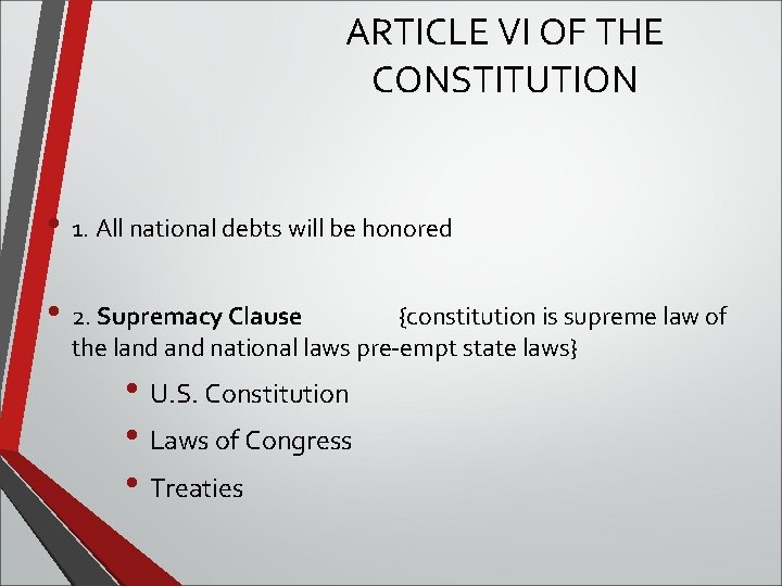 ARTICLE VI OF THE CONSTITUTION • 1. All national debts will be honored •