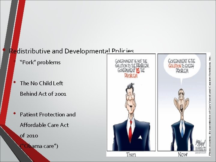  • Redistributive and Developmental Policies • “Pork” problems • The No Child Left