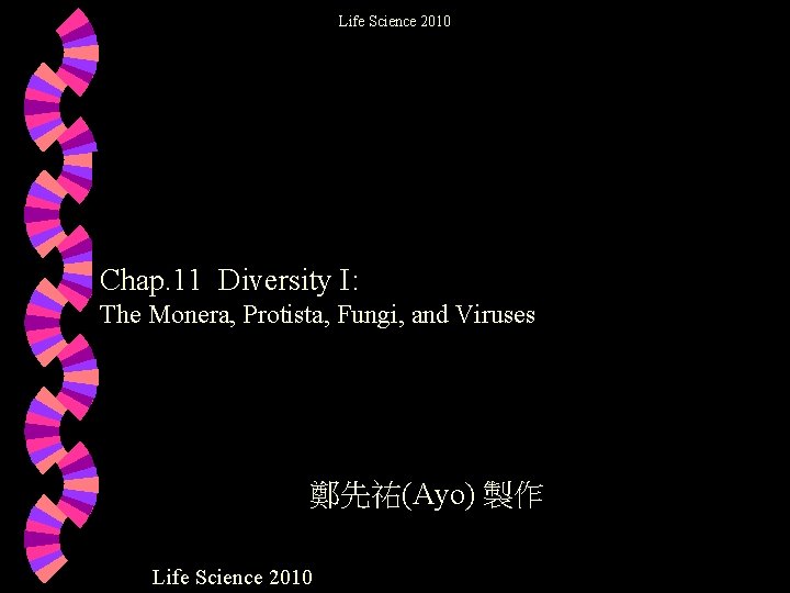 Life Science 2010 Chap. 11 Diversity I: The Monera, Protista, Fungi, and Viruses 鄭先祐(Ayo)