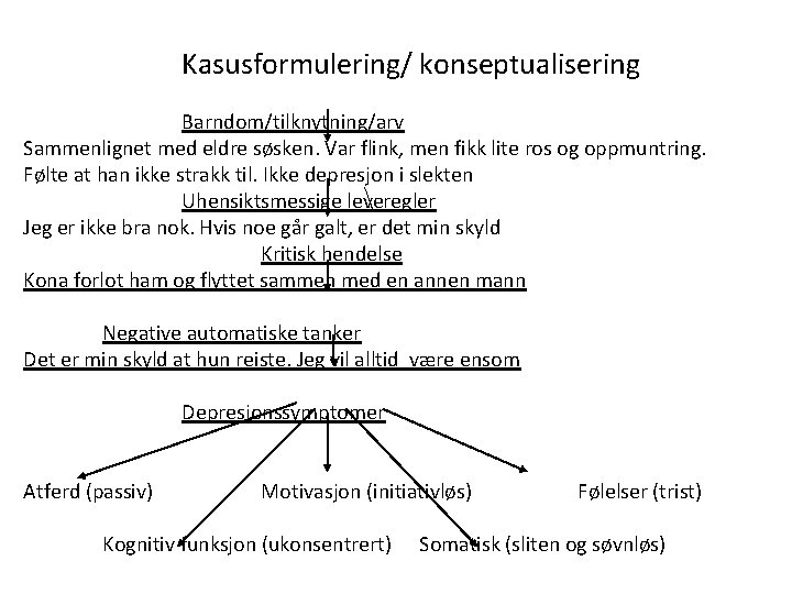 Kasusformulering/ konseptualisering Barndom/tilknytning/arv Sammenlignet med eldre søsken. Var flink, men fikk lite ros og