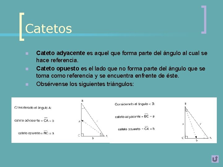 Catetos n n n Cateto adyacente es aquel que forma parte del ángulo al