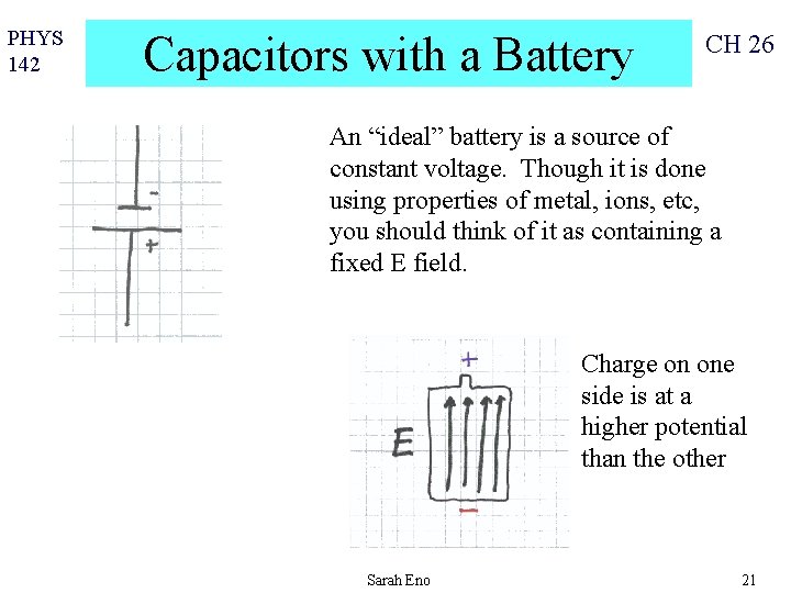 PHYS 142 Capacitors with a Battery CH 26 An “ideal” battery is a source