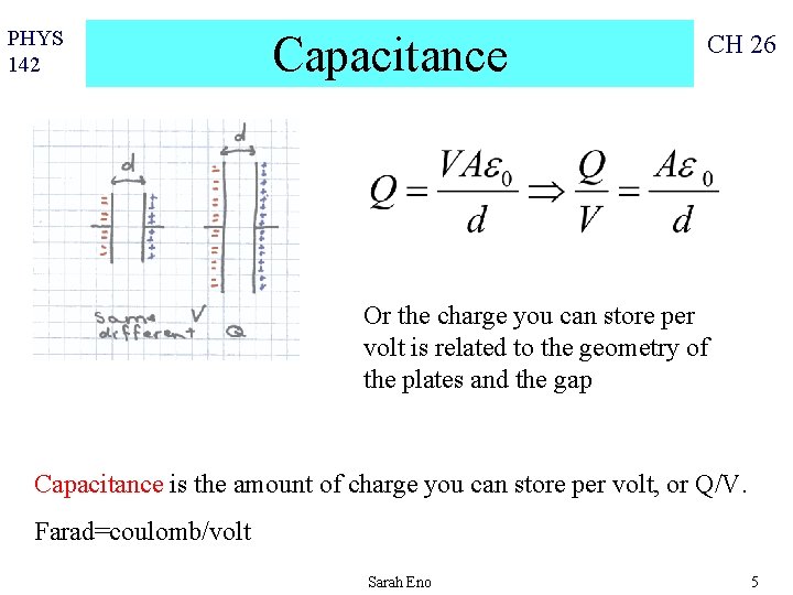 PHYS 142 Capacitance CH 26 Or the charge you can store per volt is
