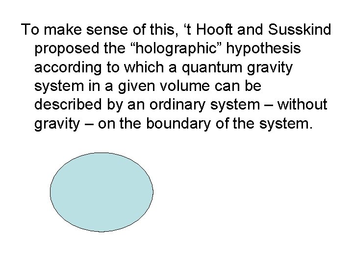 To make sense of this, ‘t Hooft and Susskind proposed the “holographic” hypothesis according