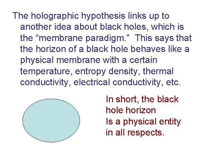 The holographic hypothesis links up to another idea about black holes, which is the