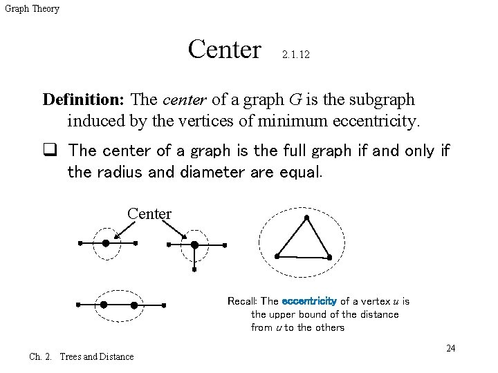 Graph Theory Center 2. 1. 12 Definition: The center of a graph G is