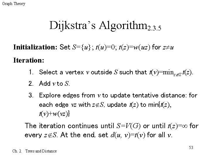 Graph Theory Dijkstra’s Algorithm 2. 3. 5 Initialization: Set S={u}; t(u)=0; t(z)=w(uz) for z