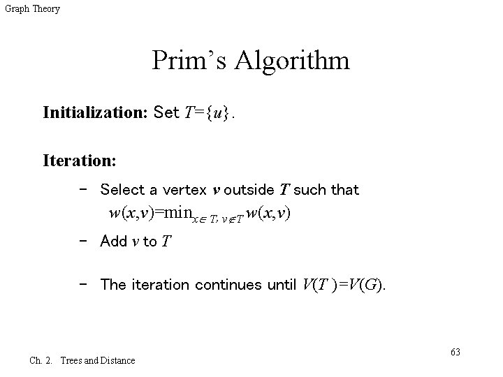 Graph Theory Prim’s Algorithm Initialization: Set T={u}. Iteration: – Select a vertex v outside