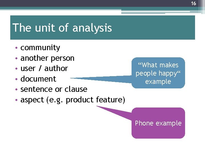 16 The unit of analysis • • • community another person user / author