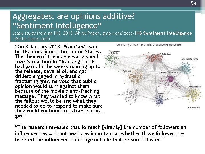 54 Aggregates: are opinions additive? “Sentiment Intelligence“ (case study from an IHS 2013 White