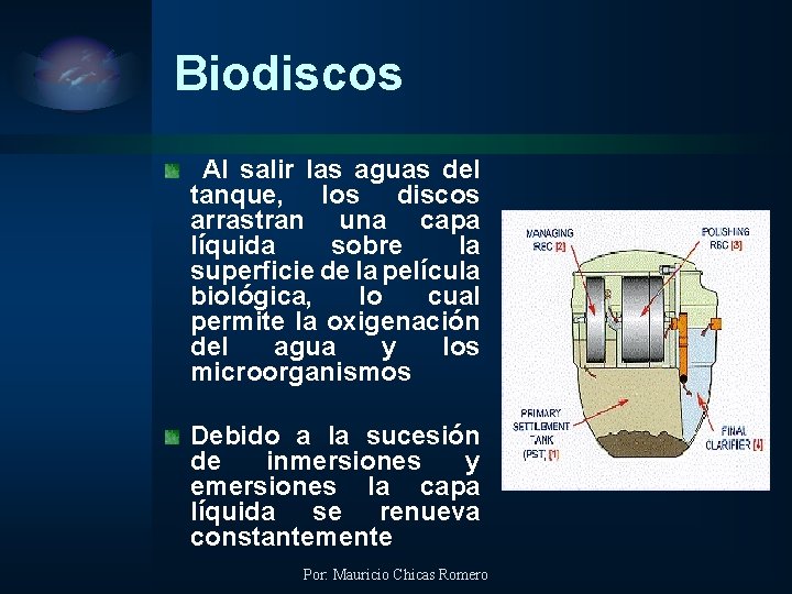 Biodiscos Al salir las aguas del tanque, los discos arrastran una capa líquida sobre