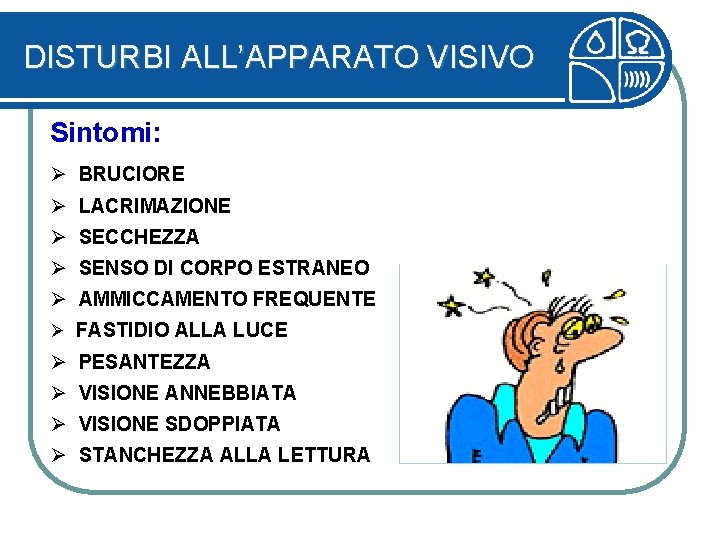 DISTURBI ALL’APPARATO VISIVO Sintomi: Ø BRUCIORE Ø LACRIMAZIONE Ø SECCHEZZA Ø SENSO DI CORPO