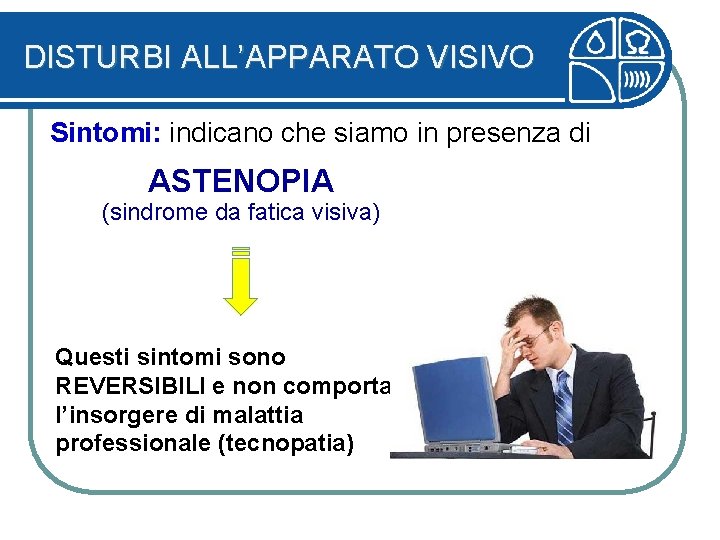 DISTURBI ALL’APPARATO VISIVO Sintomi: indicano che siamo in presenza di ASTENOPIA (sindrome da fatica