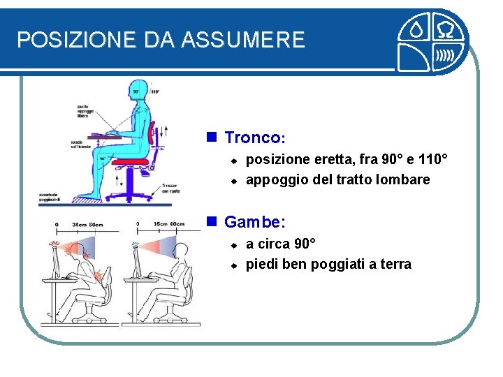 POSIZIONE DA ASSUMERE n Tronco: u u posizione eretta, fra 90° e 110° appoggio