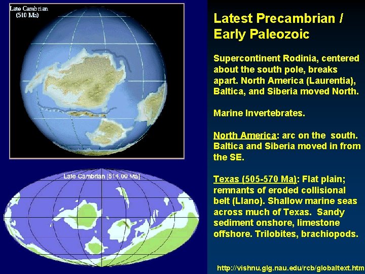 Latest Precambrian / Early Paleozoic Supercontinent Rodinia, centered about the south pole, breaks apart.