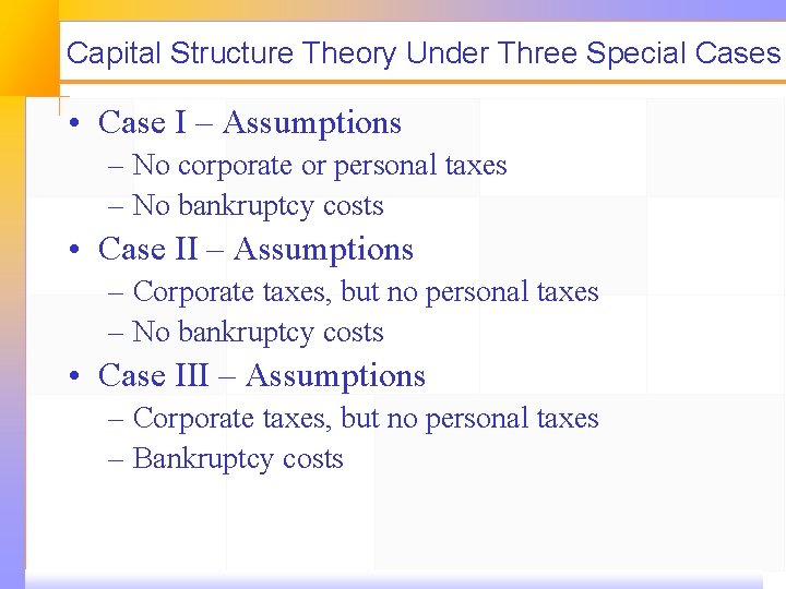 Capital Structure Theory Under Three Special Cases • Case I – Assumptions – No