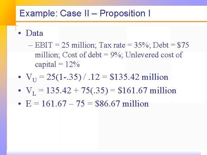 Example: Case II – Proposition I • Data – EBIT = 25 million; Tax