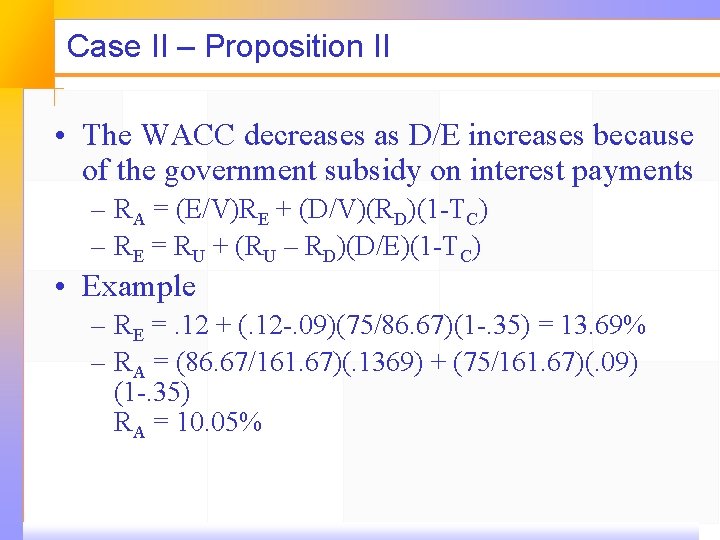 Case II – Proposition II • The WACC decreases as D/E increases because of