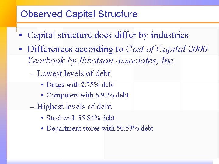 Observed Capital Structure • Capital structure does differ by industries • Differences according to