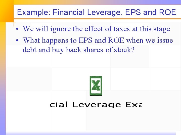 Example: Financial Leverage, EPS and ROE • We will ignore the effect of taxes