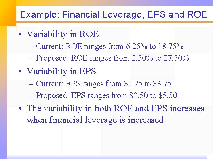 Example: Financial Leverage, EPS and ROE • Variability in ROE – Current: ROE ranges