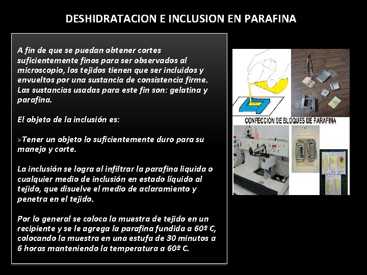 DESHIDRATACION E INCLUSION EN PARAFINA A fin de que se puedan obtener cortes suficientemente