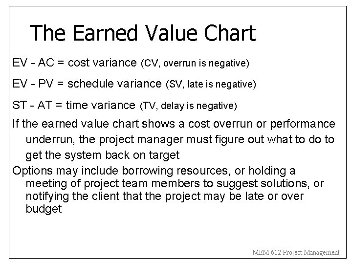 The Earned Value Chart EV - AC = cost variance (CV, overrun is negative)