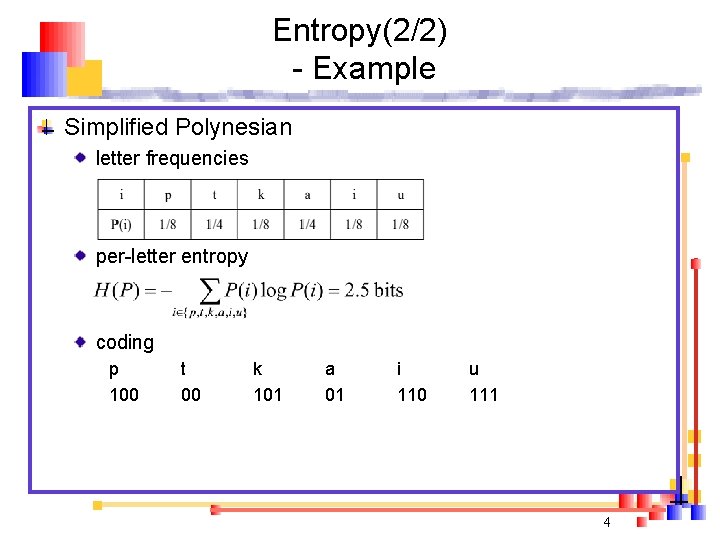 Entropy(2/2) - Example Simplified Polynesian letter frequencies per-letter entropy coding p 100 t 00