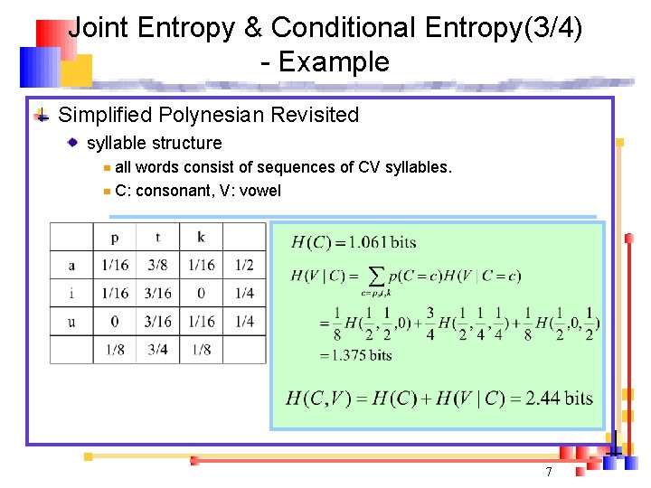 Joint Entropy & Conditional Entropy(3/4) - Example Simplified Polynesian Revisited syllable structure all words