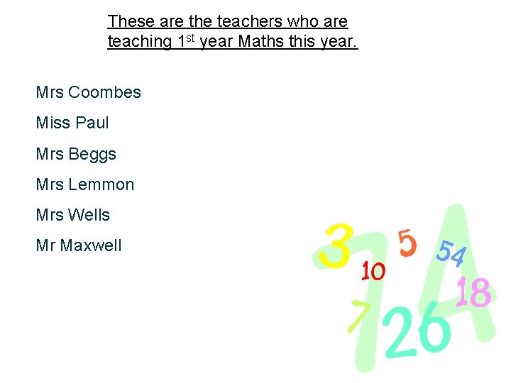These are the teachers who are teaching 1 st year Maths this year. Mrs