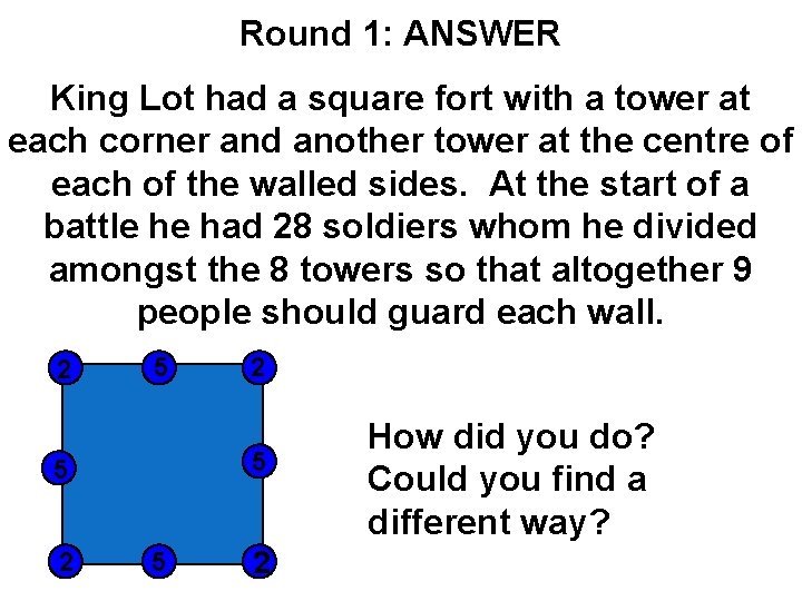 Round 1: ANSWER King Lot had a square fort with a tower at each