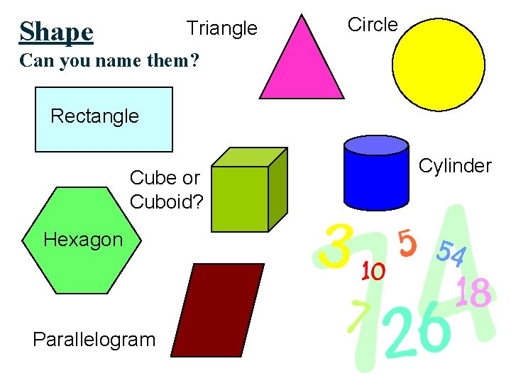 Shape Triangle Circle Can you name them? Rectangle Cube or Cuboid? Hexagon Parallelogram Cylinder