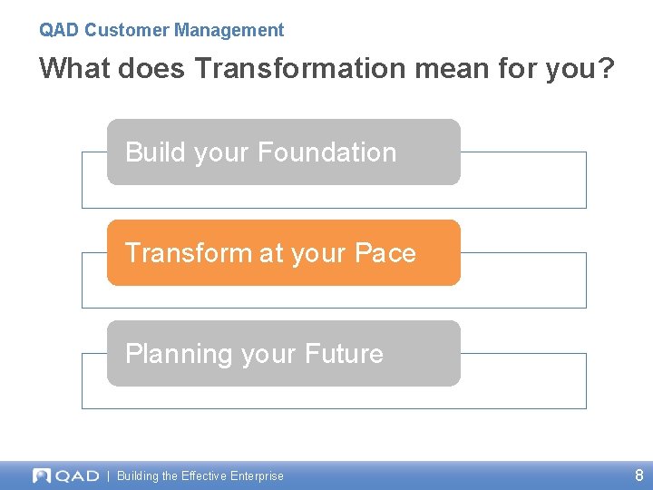 QAD Customer Management What does Transformation mean for you? Build your Foundation Transform at