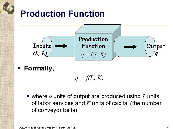 Production Function q = f(L, K) Inputs (L, K) Output q § Formally, q