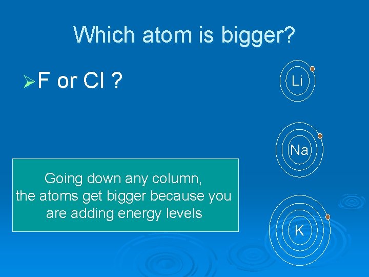 Which atom is bigger? ØF or Cl ? Li Na Going down any column,