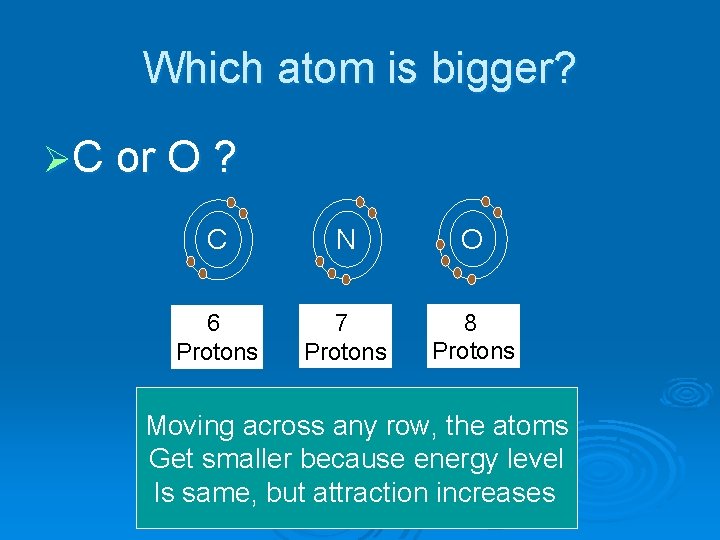 Which atom is bigger? ØC or O ? C N O 6 Protons 7