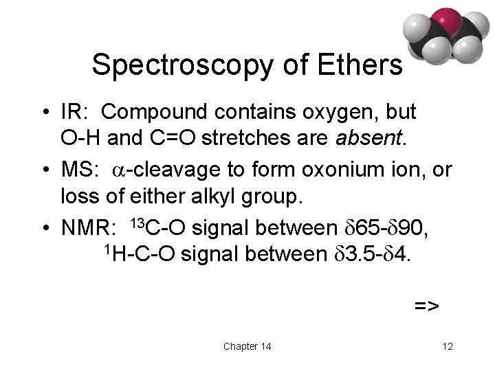 Spectroscopy of Ethers • IR: Compound contains oxygen, but O-H and C=O stretches are