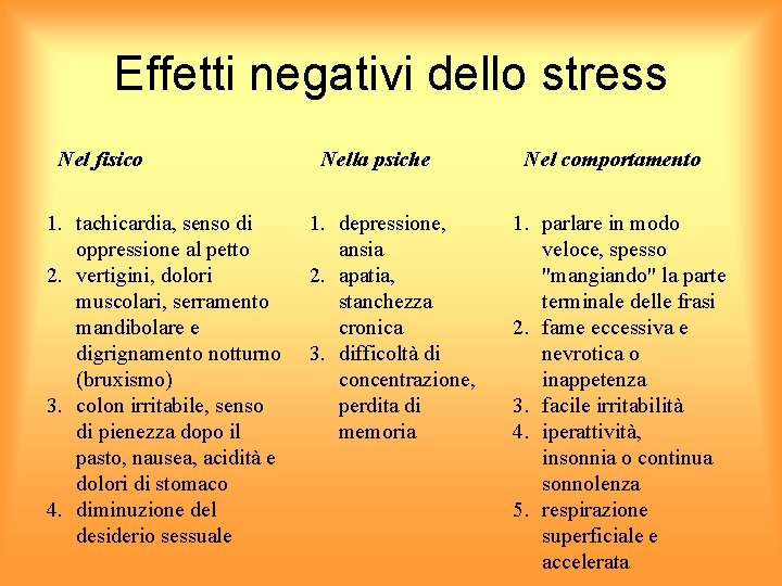 Effetti negativi dello stress Nel fisico Nella psiche Nel comportamento 1. tachicardia, senso di