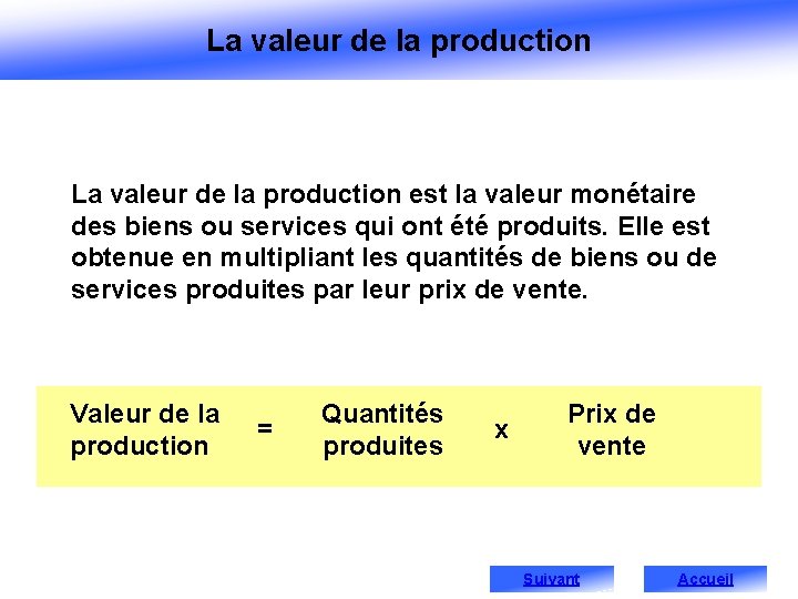 La valeur de la production est la valeur monétaire des biens ou services qui