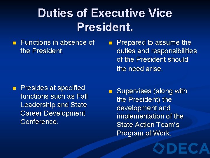 Duties of Executive Vice President. n Functions in absence of the President. n Presides