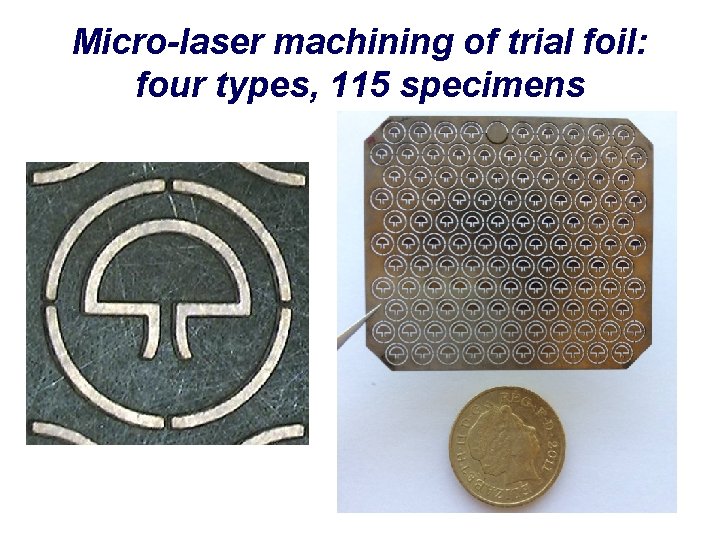 Micro-laser machining of trial foil: four types, 115 specimens 