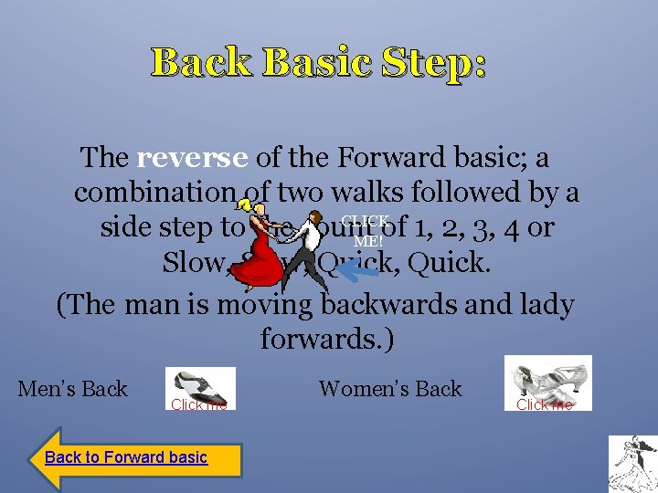 Back Basic Step: The reverse of the Forward basic; a combination of two walks