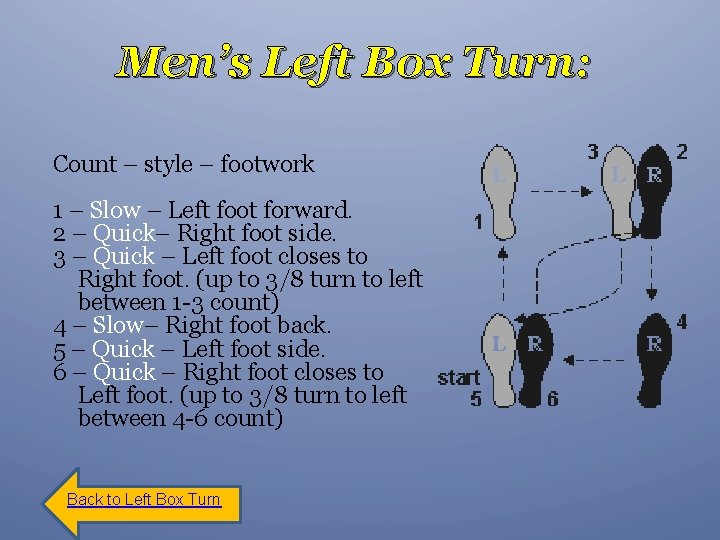 Men’s Left Box Turn: Count – style – footwork 1 – Slow – Left