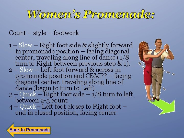 Women’s Promenade: Count – style – footwork 1 – Slow – Right foot side