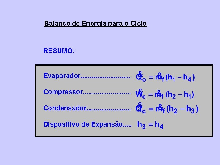 Balanço de Energia para o Ciclo RESUMO: Evaporador. . . . Compressor. . .