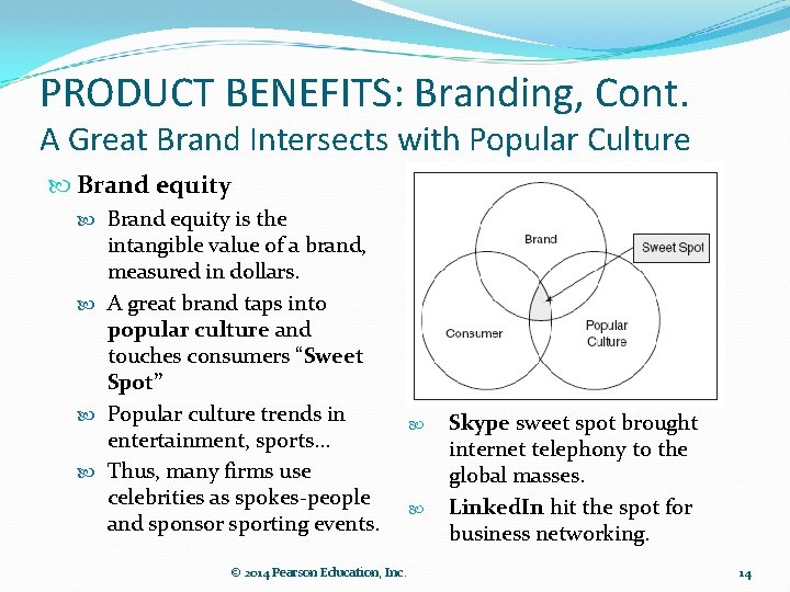 PRODUCT BENEFITS: Branding, Cont. A Great Brand Intersects with Popular Culture Brand equity is