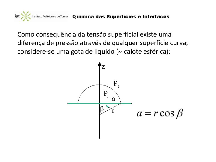 Química das Superfícies e Interfaces Como consequência da tensão superficial existe uma diferença de Química das Superfícies e Interfaces Como consequência da tensão superficial existe uma diferença de