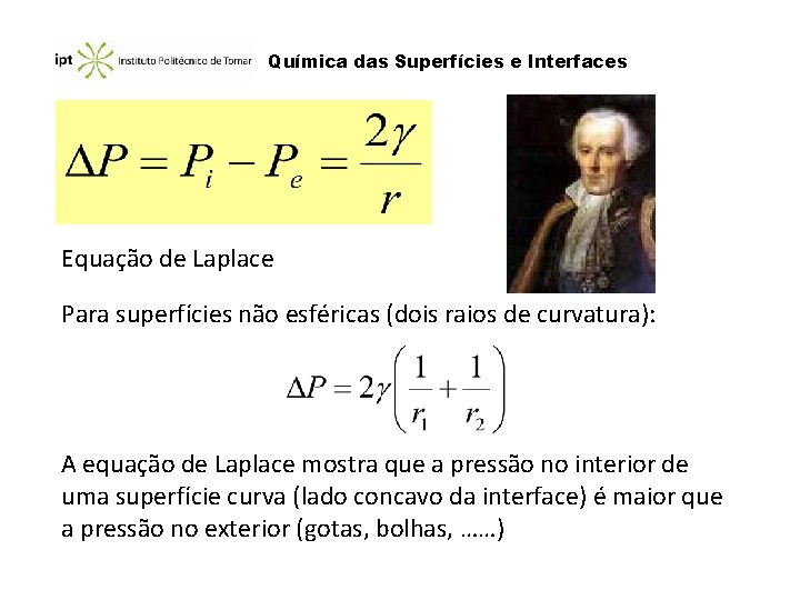 Química das Superfícies e Interfaces Equação de Laplace Para superfícies não esféricas (dois raios Química das Superfícies e Interfaces Equação de Laplace Para superfícies não esféricas (dois raios