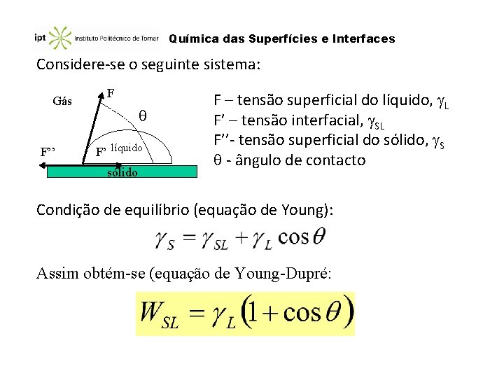 Química das Superfícies e Interfaces Considere-se o seguinte sistema: Gás F’’ F F’ líquido Química das Superfícies e Interfaces Considere-se o seguinte sistema: Gás F’’ F F’ líquido
